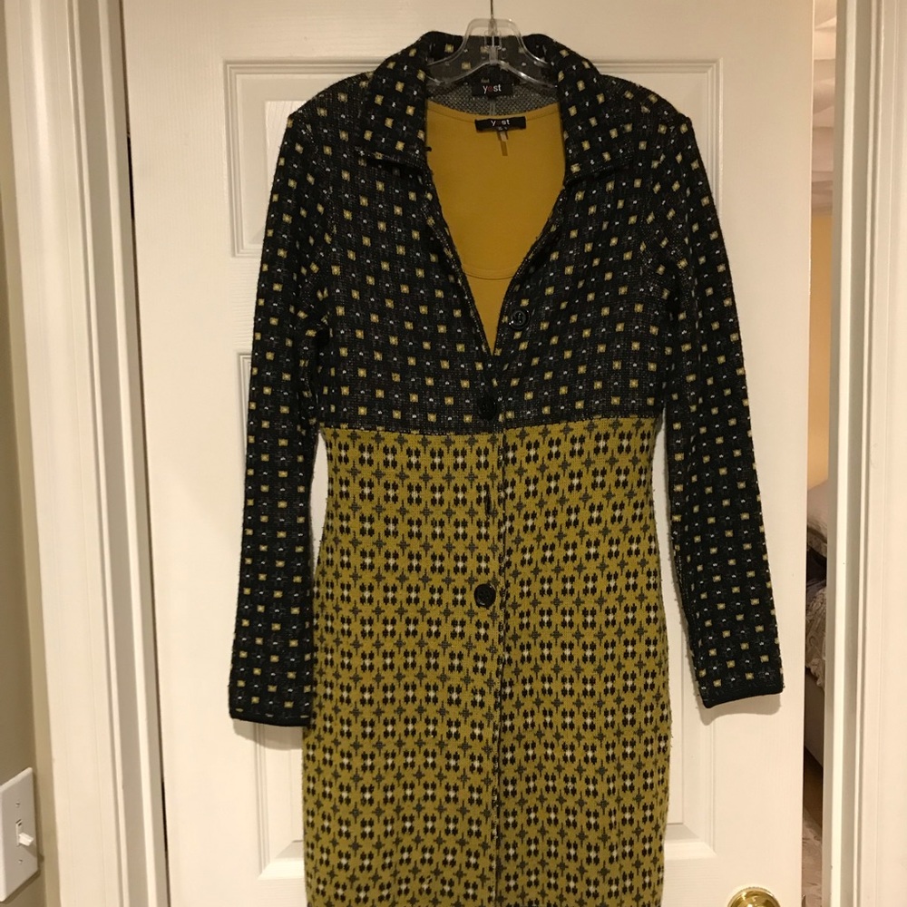 Sweater coat with complementary shirt underneath